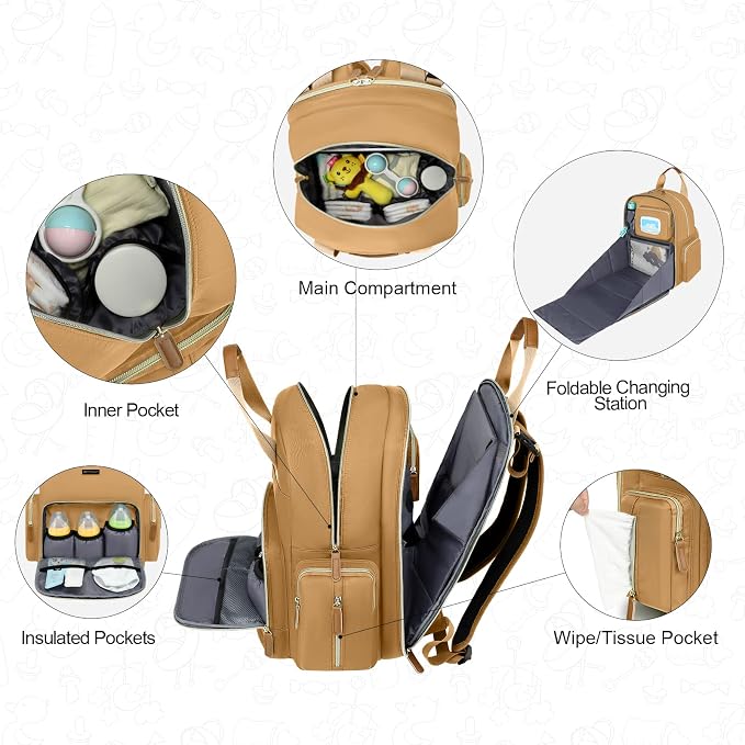 Diaper Bag Backpack with Changing Station, Baby Diaper Organizer Travel Bag | Large Capacity Diaper Bag for Moms Dads - Fold Out Changing Pad, Insulated Pockets, Stroller Straps, Baby Eessentials - Image 4