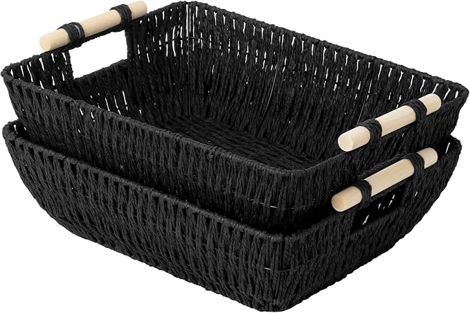 StorageWorks Large Wicker Storage Basket, Paper Rope Storage Baskets, Black | Wicker Storage Baskets for Shelves, Baskets with Wooden Handles, 2-Pack Gifts Basket for Home Decor, Hand-Woven Basket by StorageWorks