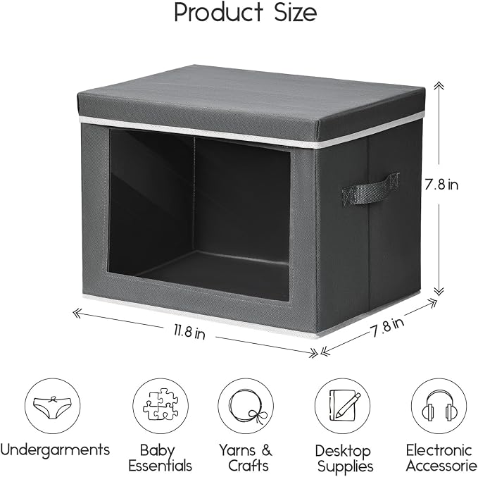 Storage Bins with Lids - Small Fabric Organizers with Window, Collapsible Storage Bins for Clothes, Decorative Closet Organizers for Towels, Tshirt, 4 Pack, Dark Grey - Image 2
