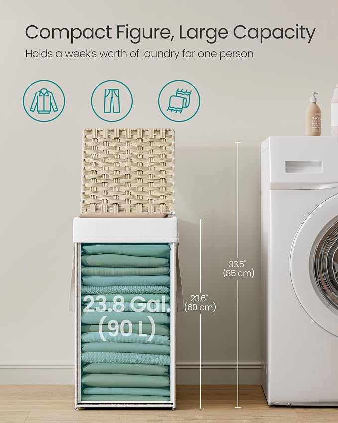 SONGMICS Laundry Hamper with Lid, 17.2 Gallon (65L) Synthetic Rattan Clothes Laundry Basket with Lid and Handles, Foldable, Removable Liner, Summer Sand ULCB165LZ01 - Image 5