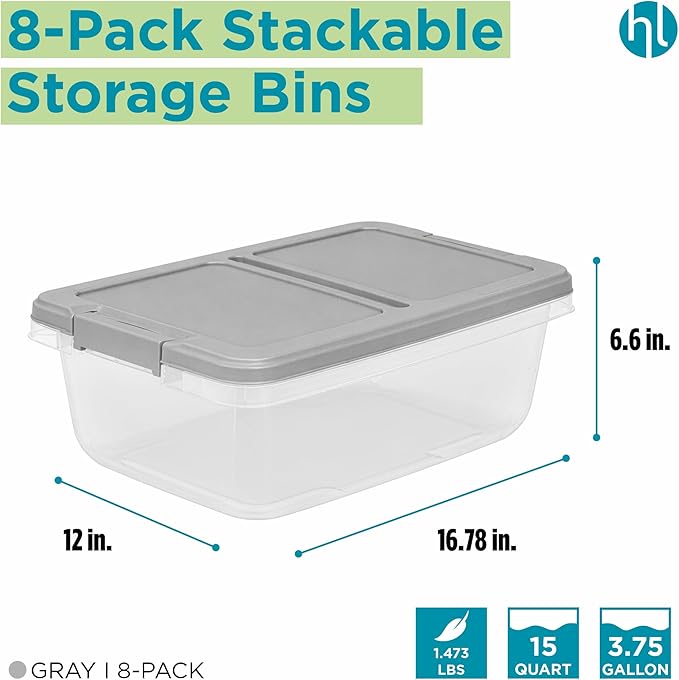 Home Logic 15 Qt Latched Storage Bin with Lid, Stackable Plastic Storage Container, Organizer for Home, Office & Classroom, 8 Pack, Gray - Image 2