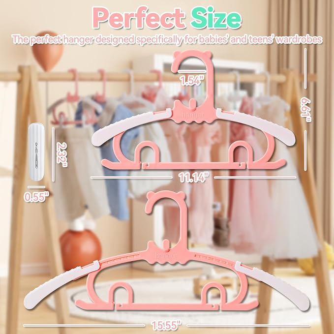 30 Pack Baby Hangers,with 16 Detachable Clips Adjustable 11.14"-15.55", Stackable Kids Closet Hangers, Two Bottom Grooves for Secure Clip Placement.Fits Newborns,Toddlers, Children & Teens(Pink) - Image 7