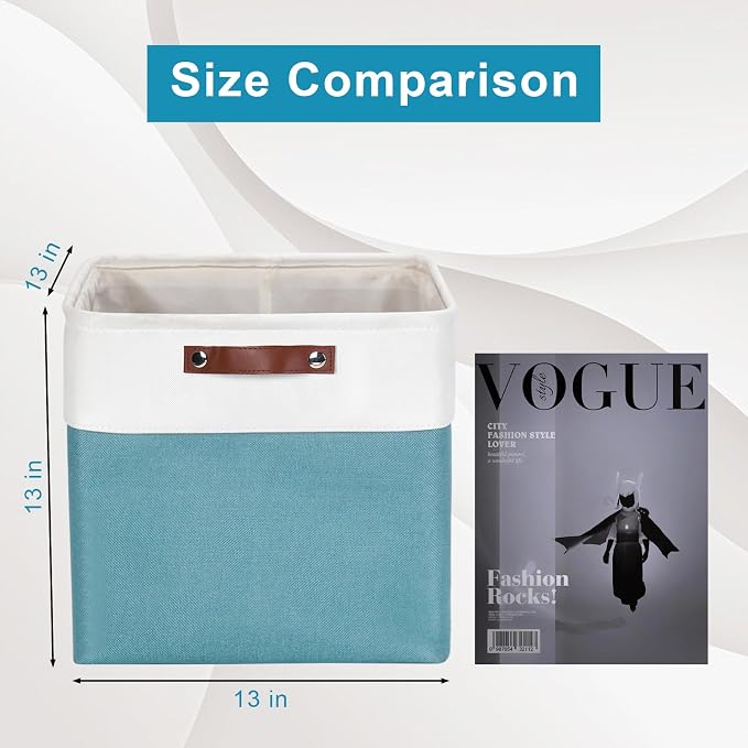 13x13 Cube Storage Bins, Collapsible Fabric Storage Box, 4 Pack Closet Baskets with Handles for Organizing, Shelf, Toys, Clothes, Home, Office, Nursery (Teal&White) - Image 3