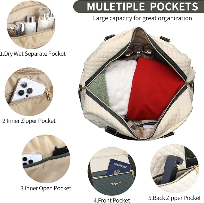 3PCS Weekender Bags for Women Large Overnight Bag, Black Beige Green | Weekender Travel Duffel Bags Carry on Shoulder with Shoe Compartment Toiletry Bag Satchel Bag for Travelling Business Gym - Image 4