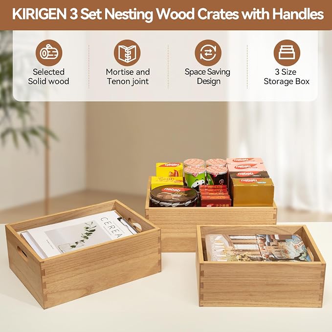 KIRIGEN Nesting Wood Crates with Handles, Set of 3 Storage Boxes Natural | 3 Different Size Decorative Box Organizer for Towels, Books, Crafts Fully Assembled - Image 7