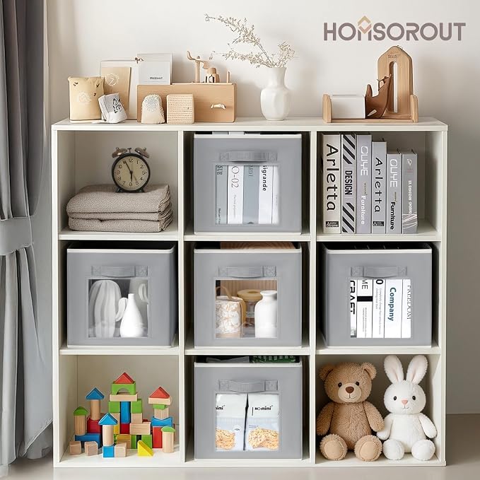 Foldable Storage Cubes - Cubby Storage Organizer with Window, 11 Inch Baskets for Organizing, Collapsible Fabric Storage Cubes for Shelves, Closet, 10 Pack, Grey - Image 3