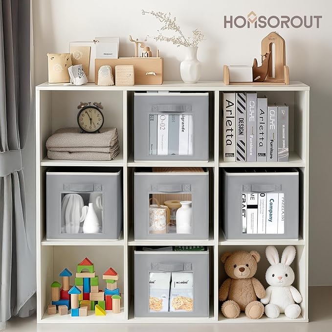 Foldable Storage Cubes - Cubby Storage Organizer with Window, Decorative Baskets for Organizing, Fabric Bins for Clothes Storage, Closet Storage Cubes 11inch, Set of 12, Grey - Image 3