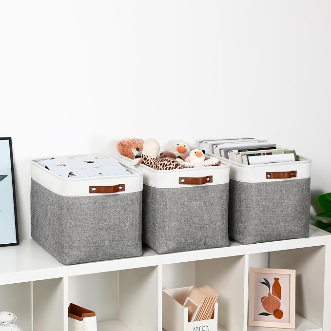 DULLEMELO Large Storage Baskets, Fabric Storage Basket with Leather Handles for Shelves Closet Nursery Toy Storage, Collapsible Fabric Baskets for Toy Book Magazine Towel Organizers(White&Gray) - Image 3