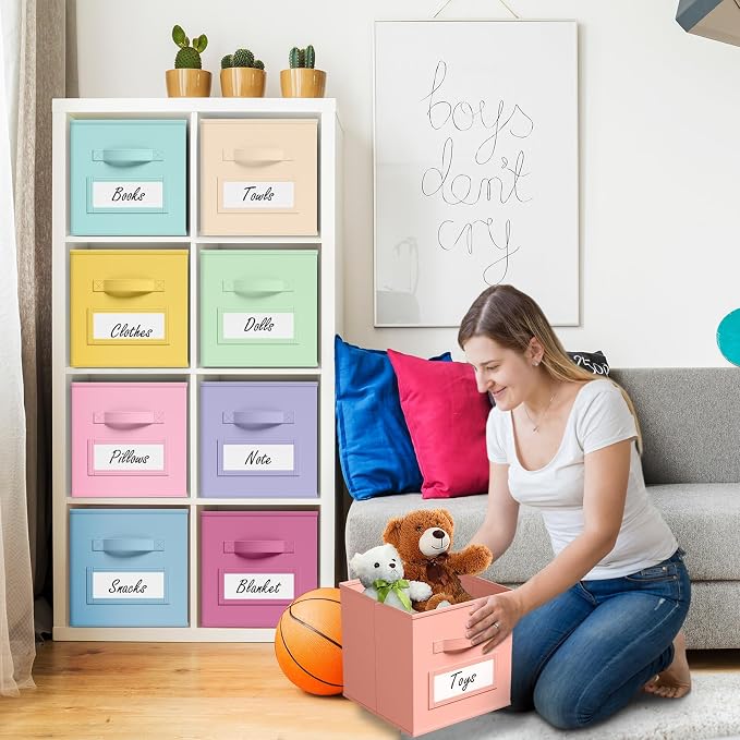 Teenyyou 10 Pack Fabric Storage Cubes 11 Inch Collapsible Cube Bins with Label Window & Handle Foldable Organizers Baskets for Shelf Closet Nursery Kids Room Clothes Book Toy(Macaroon) - Image 6