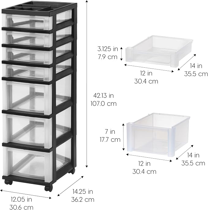 IRIS USA 7-Drawer Rolling Storage Cart, Black/Clear | Keep classroom supplies, teacher essentials, craft materials, and learning tools organized with easy-access drawers. - Image 3
