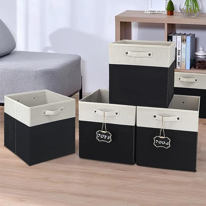 12 inch storage bins,Set of 4 Collapsible Fabric Storage Cubes with Labels,Linen Cube Storage Organizer Bins Kallax Storage Cubes for Organizing Office,Shelves,Nursery Toys,Clothes(White Black). - Image 6