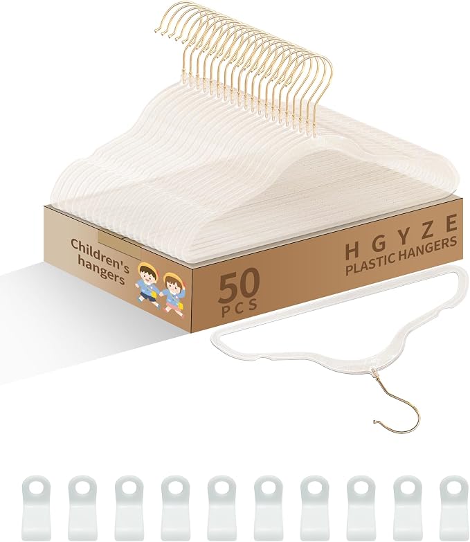 50pcs Slim Clear Toddler Hangers with 10 Connector Hooks for Kid's Closet | Swivel Golden Sparkling Baby Clothes Hangers with Gold Glitter for Infant Coat Outfit, Perchas for Children Boy Gril Nursery by HGYZE