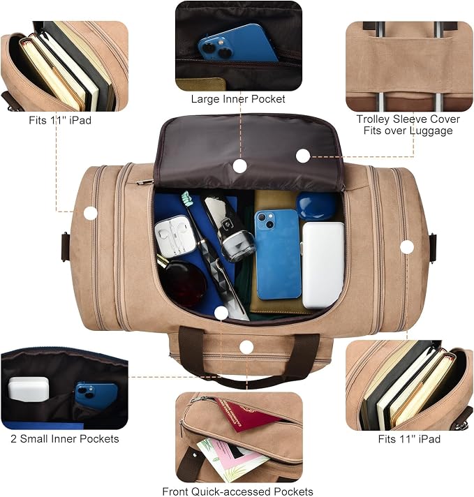 Litvyak 50L Canvas Duffle Bag for Travel Weekender Gym Overnight Carry-on | Expandable, Eco Certified, Leather Accents, Toiletry Bag Inclued, Travel Weekend Luggage Sports Duffel Bag for Women Men - Image 4