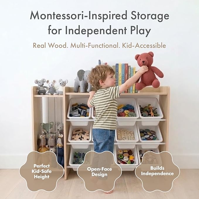 Humble Crew Stuffed Animal Storage, Kids Toy Storage Organizer, Solid Wood | 12 removable bins, solid hardwood, 48 in wide, toddler friendly, easy cleanup, for playrooms, bedrooms, and nurseries - Image 3