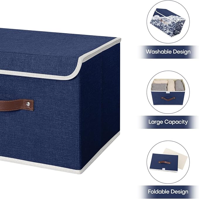 ANMINY Fabric Storage Box Bins with Lids, Blue, 13"x9"x7.9", 4 Pack | Keepsake Memory Storage, Cotton Linen, PP Board Reinforced, Washable, PU Handles, Foldable & Stackable, Decorative, Medium - Image 4