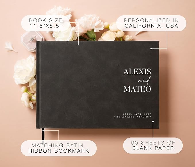 Personalized Guest Book - 11.5" x 8.5" Premium Custom Guest Signing Book with Bookmark and Blank Pages for Wedding Reception Table Decoration Engagement Birthday Party Event, Charcoal - Image 2