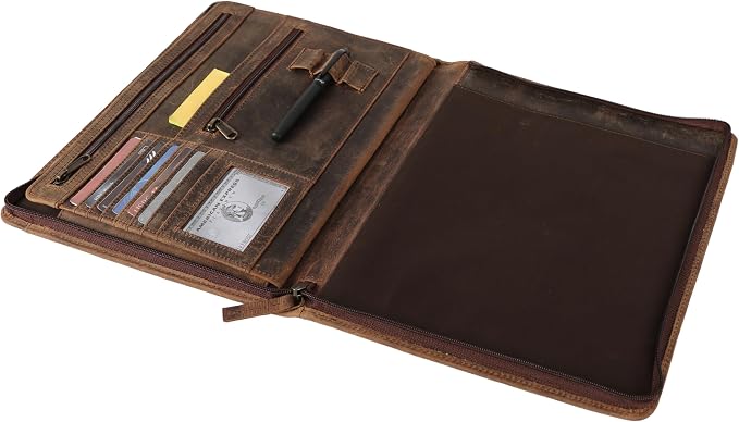 KomalC Leather Portfolio with Zipper Closure | Business Padfolio for Documents, Tablets & Accessories | Vintage Full-Grain Leather Organizer for Professionals - Image 7