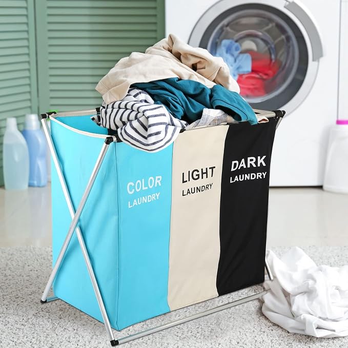 Laundry Cloth Hamper Sorter Basket Bin Foldable 3 Sections with Aluminum Frame 26InIn×24InInH Washing Storage Dirty Clothes Bag (3 Liner, Black + white + sky blue) - Image 4