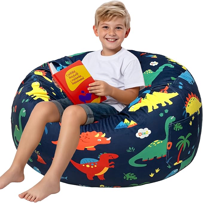 Lukeight Dinosaur Bean Bag Chair for Kids Teens Adults, Memory Foam Filled Floor Lounger, Washable Velvet Cover with Inner Liner, Beanbag Chair with Filling for Gaming and Reading, X-Large 30"D x 18"H by Lukeight
