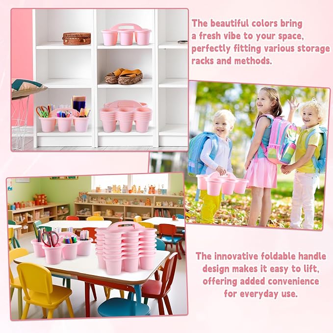 gisgfim 6 Pack Classroom Caddy Organizer with Handle, 6 Compartments, Pink | Stackable Plastic Table Caddies, 12x9x3.5 In, caddy Organizer for School Supplies, Crayons, Pencils, Crafts and Drink Cups - Image 6