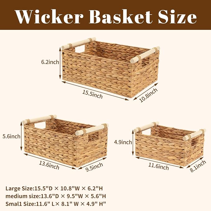 Woven Storage Baskets, Wicker Shelf Baskets, 3-Pack, 3 Sizes | 3-piece rectangular woven basket set in small, medium and large sizes; natural wicker organizers for shelves and cabinets. - Image 2