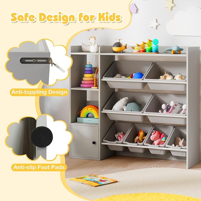 Costzon Kids Toy Storage Organizer w/ 8 Bins, Wooden Toddler Bookcase w/Open Shelves & Cabinet, Multifunctional Toy Storage Cabinet for Kids Room, Nursery & Playroom - Image 5