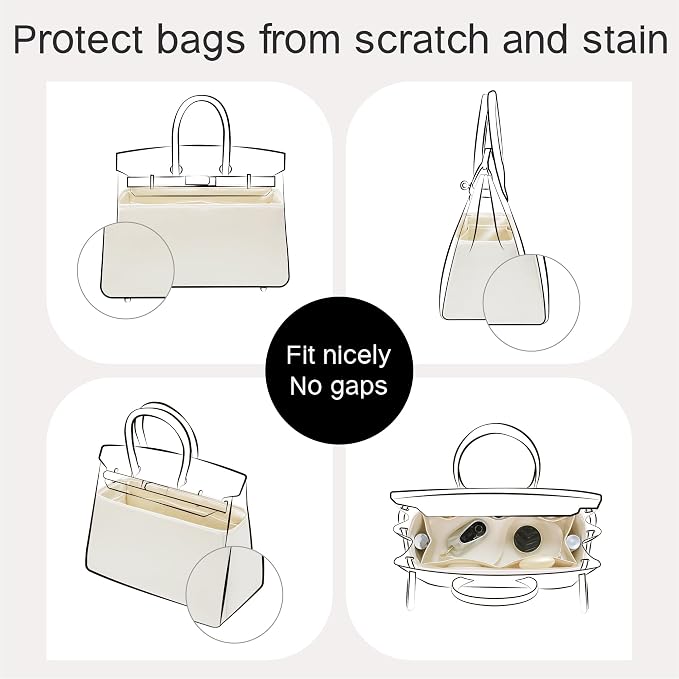 Fits for Brikin Bag Insert Organizer For Hermes(30 R,Craie) | Premium Silk Material,Smooth Touch,Lightweight,zipper,protect from scratches & stains,multiple pockets,keychain,waterproof - Image 4