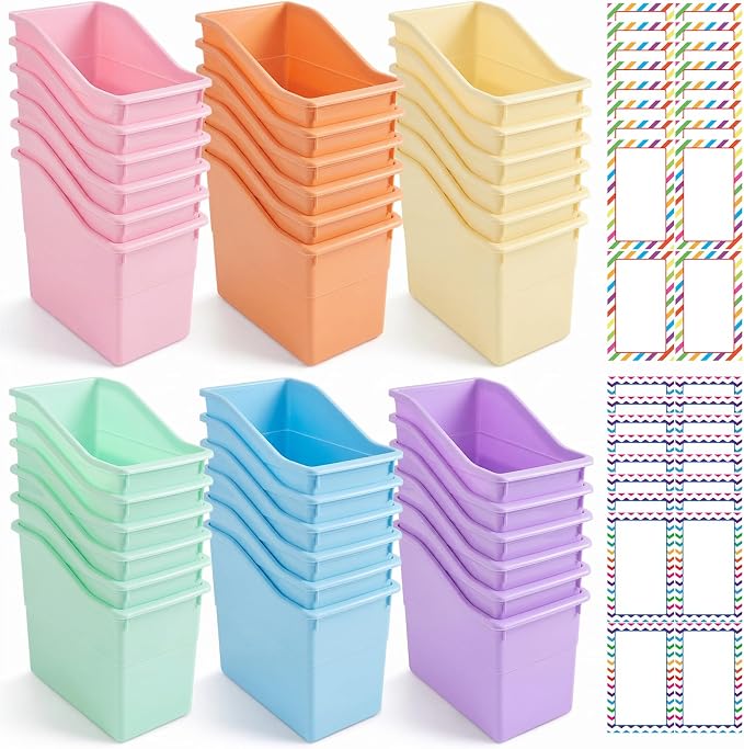 Blosssound 36 Set Book Bins for Classroom Stackable,Pastel | Plastic Baskets with Labels, Slanted Front, Library Supplies Organizers, Desktop Storage Bins, Teachers Home School Use by Blosssound