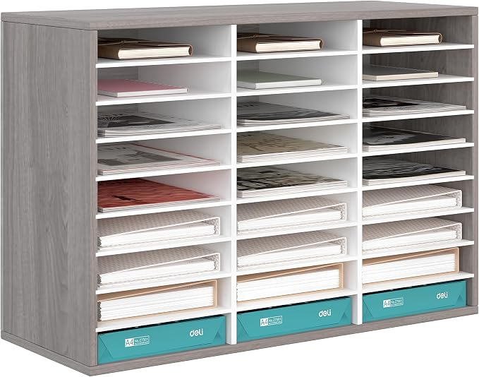 EasyPAG 27 Compartments Wooden Literature Organizer with Adjustable Shelves, 13500 Sheets Capacity Paper Organizer, Classroom Mailbox and Mail Sorter for Teachers and Office, Retro Gray/White by EasyPAG