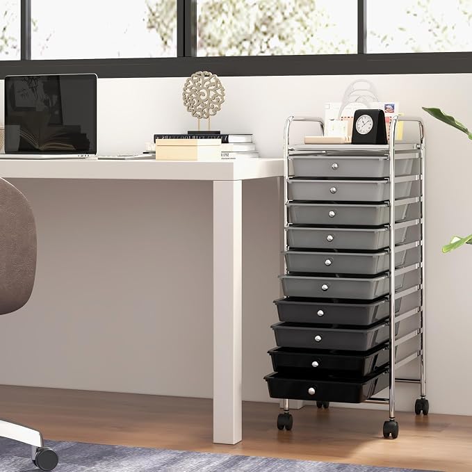 GOFLAME 10-Drawer Rolling Storage Drawer Cart, Utility Cart with Removable Drawers & Metal Frame, Mobile Art Craft Drawer Cart with Lockable Wheels for Home, Office, Studio, School, Gray Gradient - Image 2