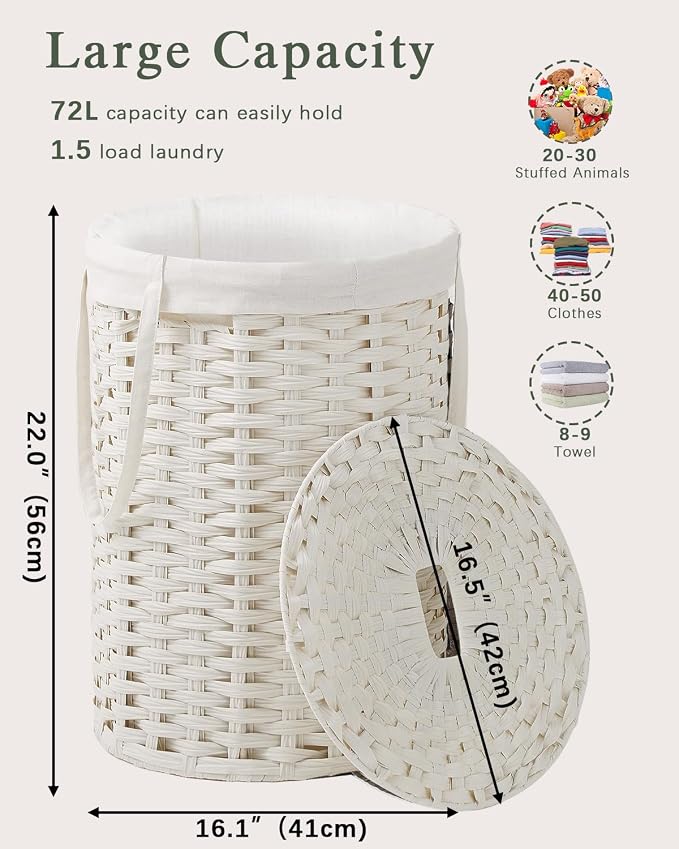 SETVSON Laundry Hamper with Lid Laundry Basket with Lid 72L, White | 19 Gal Round PE Rattan Hamper with Lid, Removable Washable Liner Bag, 2 Mesh Wash Bags, Steel Frame, Handles - Image 4