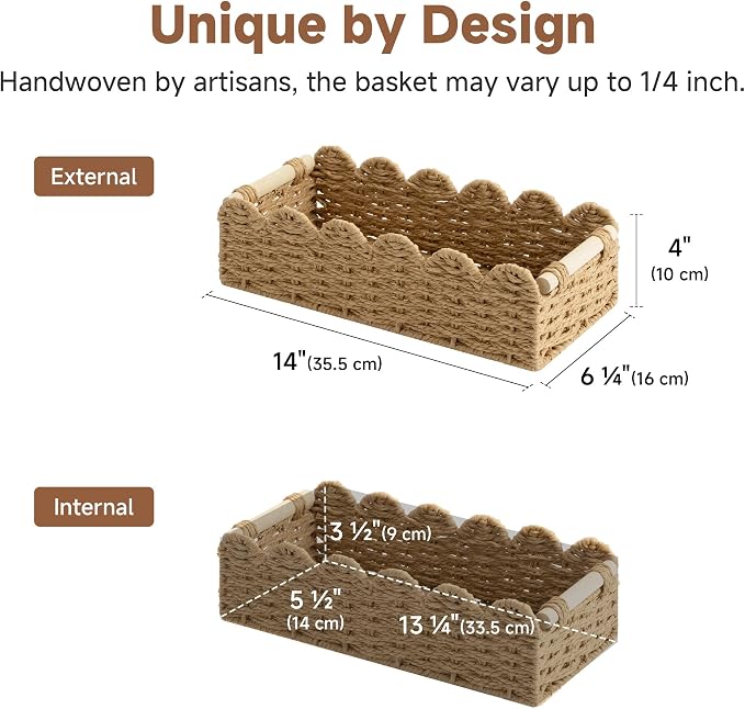 StorageWorks Toilet Paper Storage Basket, Toilet Basket with Wooden Handles | Scalloped Wicker Basket for Living Room, Decorative Scalloped Baskets for Storage, Wicker Baskets for Organizing and Decor - Image 3