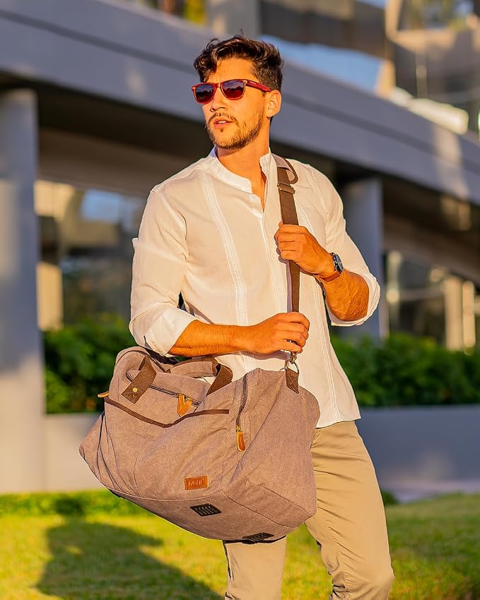 S-ZONE Canvas Duffel Bag for Travel Weekender Overnight Travel Bags for Men | Cotton Canvas, 45L Large Size, Shoes Compartment,Multi-Pocket, Removable Shoulder strap for Gym or Business, Light Gray - Image 2