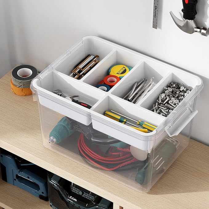 40Qt Stackable Storage Bins with Lids Trays Craft Box Organizers, 2Pack,WH | Clear Plastic Latching Boxes Organizers with Dividers Portable Containers for Arts & Crafts, Home Office Classroom Car Trunk - Image 7