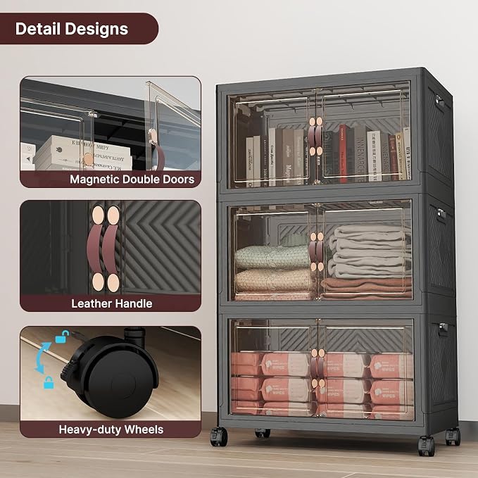 Stackable Storage Bins with Lids, 144QT Lockable Storage Cabinet | Folding Storage Box with Doors and Wheels, Collapsible Plastic Drawers for Home, Garage, Office - Image 5