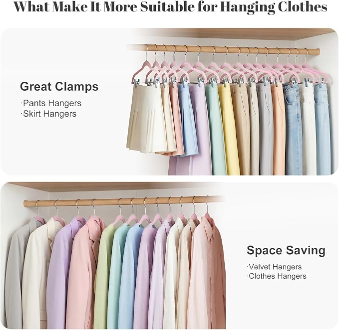 HOUSE DAY Velvet Skirt Hangers 24 Pack, Velvet Hangers with Clips- Pink | Space Saving Slim Velvet Pant Hangers, Heavy Duty Shorts Hangers, Non Slip Adjustable Clip Hangers for Pants, Skirts, Shorts - Image 2