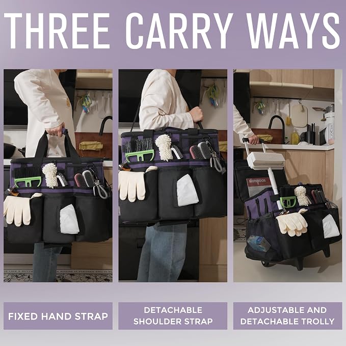 SCAVATA Rolling Cleaning Caddy Bag with Detachable Trolley, Large Cleaning Supplies Organizer with Wheels, Multi Pocket Cleaning Cart with Adjustable Shoulder Strap for Housekeeper & Home, GrapePurple - Image 6