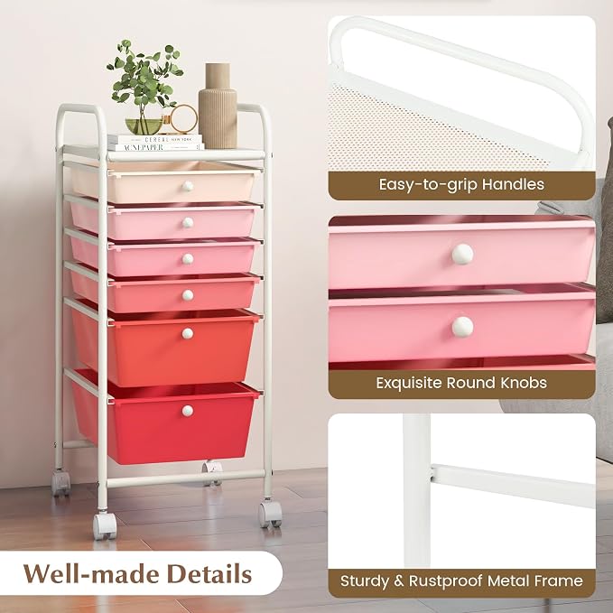 GOFLAME 6-Drawer Rolling Storage Cart, Multifunctional Art Craft Organizer Cart, Mobile Utility Storage Cart with Removable Drawers & Lockable Wheels, Craft Cart for Home Office, School, Pink - Image 6