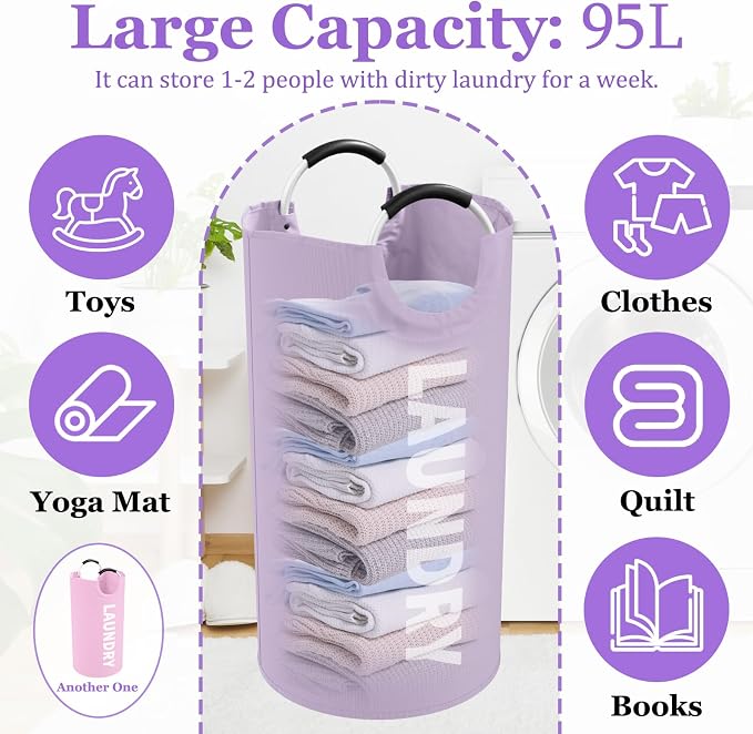 2Pcs 95L Purple + Pink Laundry Basket, Folding Laundry Hampers for Women with Soft Handles, Freestanding Dirty Clothes Basket, Sturdy Oxford Fabric Clothes Hampers for Travel, Dormitory - Image 2