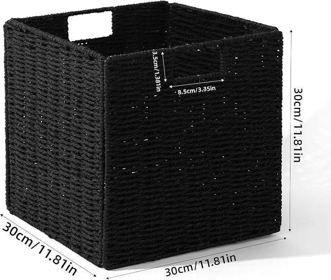Set of 2 Hand-Woven Paper Rope Wicker Baskets,12x12x12in Storage Basket, Foldable Cube Storage Bins, Black Storage Cubes, Square Baskets for Organizing Shelves Decor - Image 3