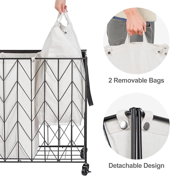 WOWLIVE Double Laundry Hamper with Lid, Rolling Laundry Basket with Wheels | Heavy Duty Wire Clothes Hamper with Divided Removable Bags, Large Iron-Made Laundry Sorter Laundry Room Organization, Beige - Image 5