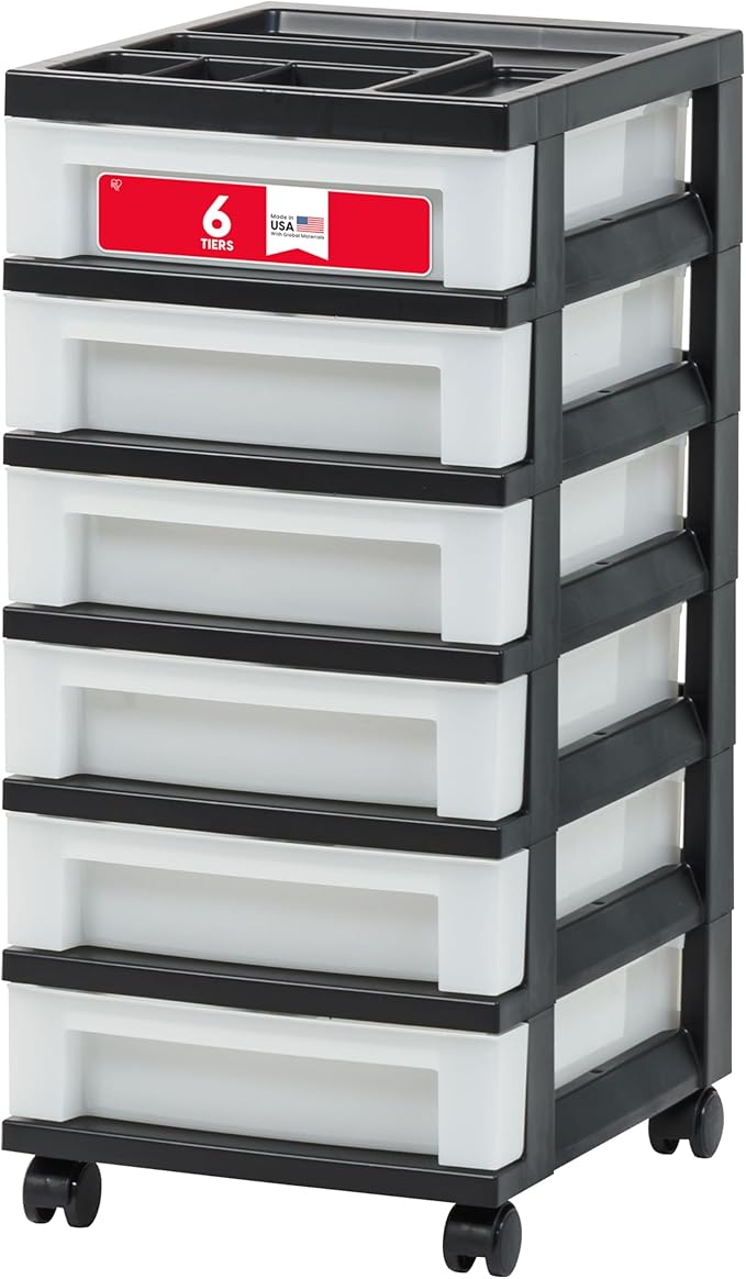 IRIS USA 6-Drawer Rolling Storage Cart with Organizer Top, Black/Pearl | Keep classroom supplies, teacher essentials, craft materials, and learning tools organized with easy-access drawers. by IRISUSA