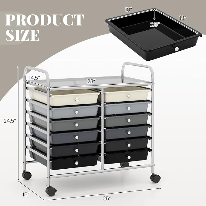 RELAX4LIFE 12-Drawer Rolling Storage Cart - Mobile Utility Cart on Wheels for School Classroom Teacher Office Salon, Paper File Art Supply Craft Organizer, Rolling Cart with Drawers (Gradient Black) - Image 3