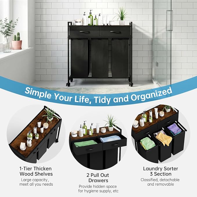 Laundry Sorter with 3 Section Pull Out Bags Rolling Laundry Basket Organizer with 2 Drawers Laundry Hamper with Shelves and Wheels for Laundry Room, Bathroom, Bedroom Organization (1 Tier) - Image 2