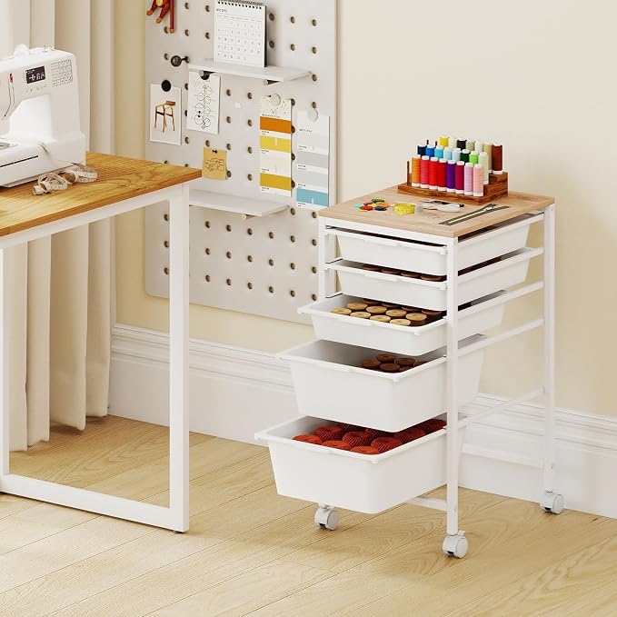 GOFLAME 5-Drawer Rolling Storage Cart, Craft Storage Cart with Wooden Tabletop and Lockable Wheels, Art Cart Supply Storage Organizer with Metal Frame for Home Office Classroom, White - Image 2