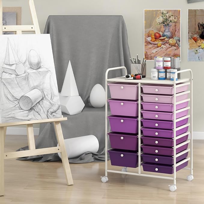 RELAX4LIFE 15 Drawer Rolling Storage Cart - Mobile Craft Art Supply Storage Organizer for Tool Scrapbook Paper Salon, Office School Classroom Teacher Rolling Cart with Drawers, Utility Cart on Wheels - Image 7