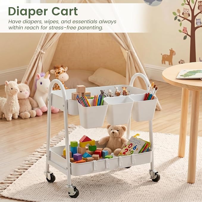 danpinera 2-Tier Rolling Cart, Utility Cart Mobile Metal Rolling Storage Cart with Lockable Wheels & Hanging Cups & Hooks for Kitchen, Bathroom, Office, Workshop, Purple - Image 5