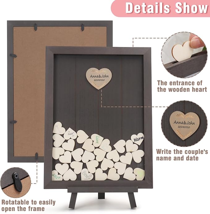 SELEAD Solid Wood Wedding Guest Book Alternative, Drop Top Words Sign Board | Rustic Wedding Reception Picture Frame with Chalkboard, 100pcs Wooden Hearts, Storage Box for Party Anniversary Birthday - Image 6