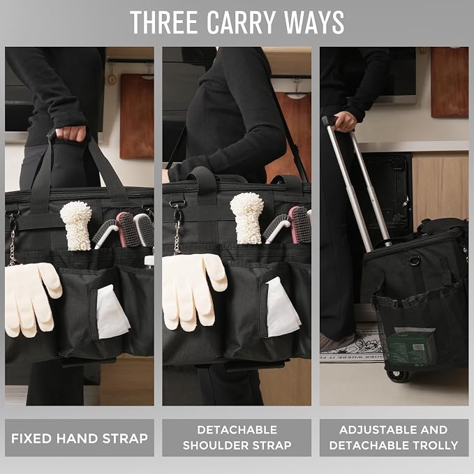SCAVATA Rolling Cleaning Caddy Bag with Detachable Trolley, Large Cleaning Supplies Organizer with Wheels, Multi Pocket Cleaning Cart with Adjustable Shoulder Strap for Housekeepers & Home Use, Black - Image 6