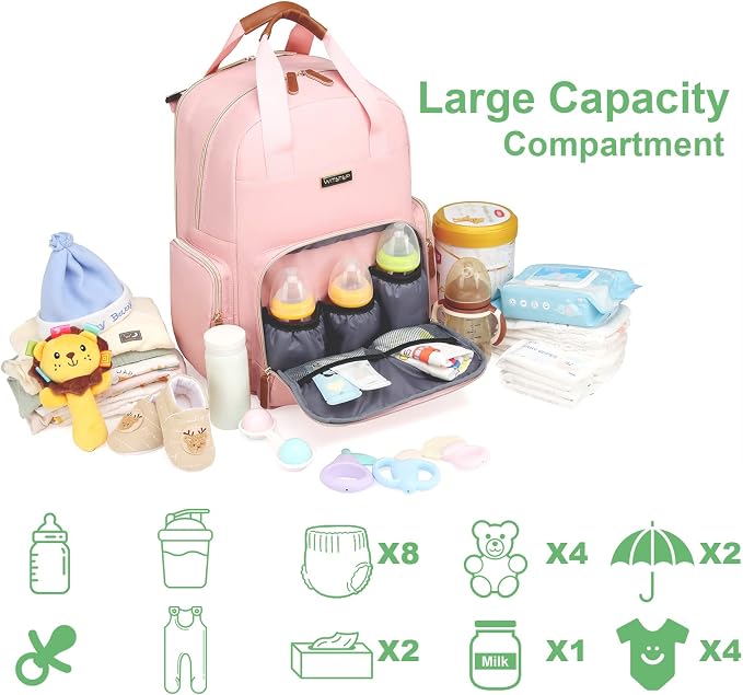 Diaper Bag Backpack with Changing Station, Baby Diaper Organizer Travel Bag | Large Capacity Diaper Bag for Moms Dads - Fold Out Changing Pad, Insulated Pockets, Stroller Straps, Baby Eessentials - Image 7